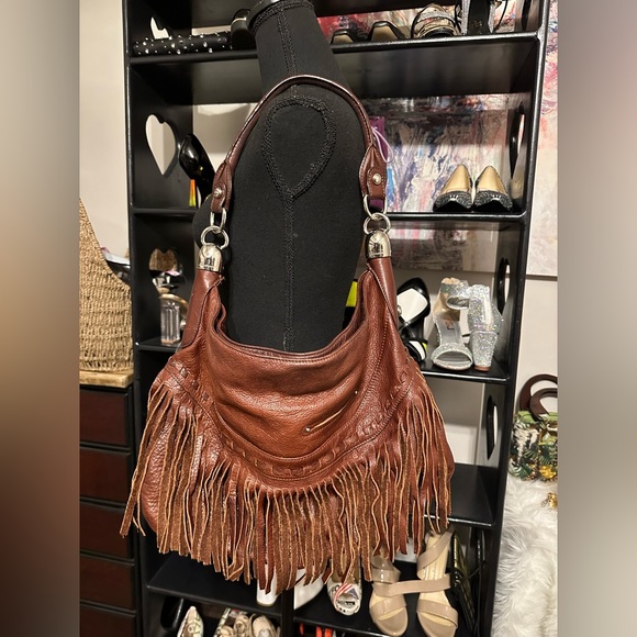B Makowsky brown leather hobo fringe handbag - Picture 1 of 6